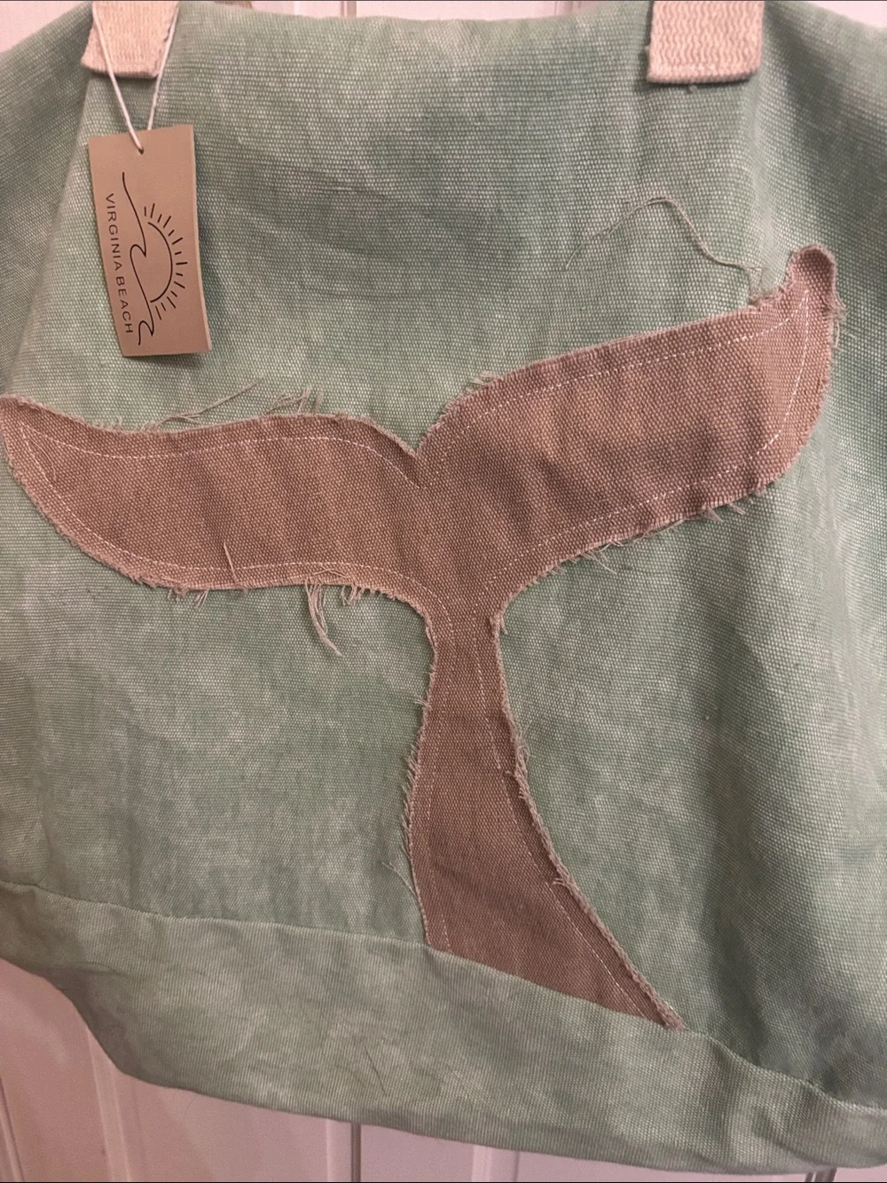 Large Canvas Whale-Tail Tote Bag in Sage and Tan.